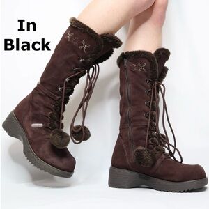 Bewild Chunky Leather Suede Vintage Boots Black Faux Fur Pom Poms Y2K Size 8